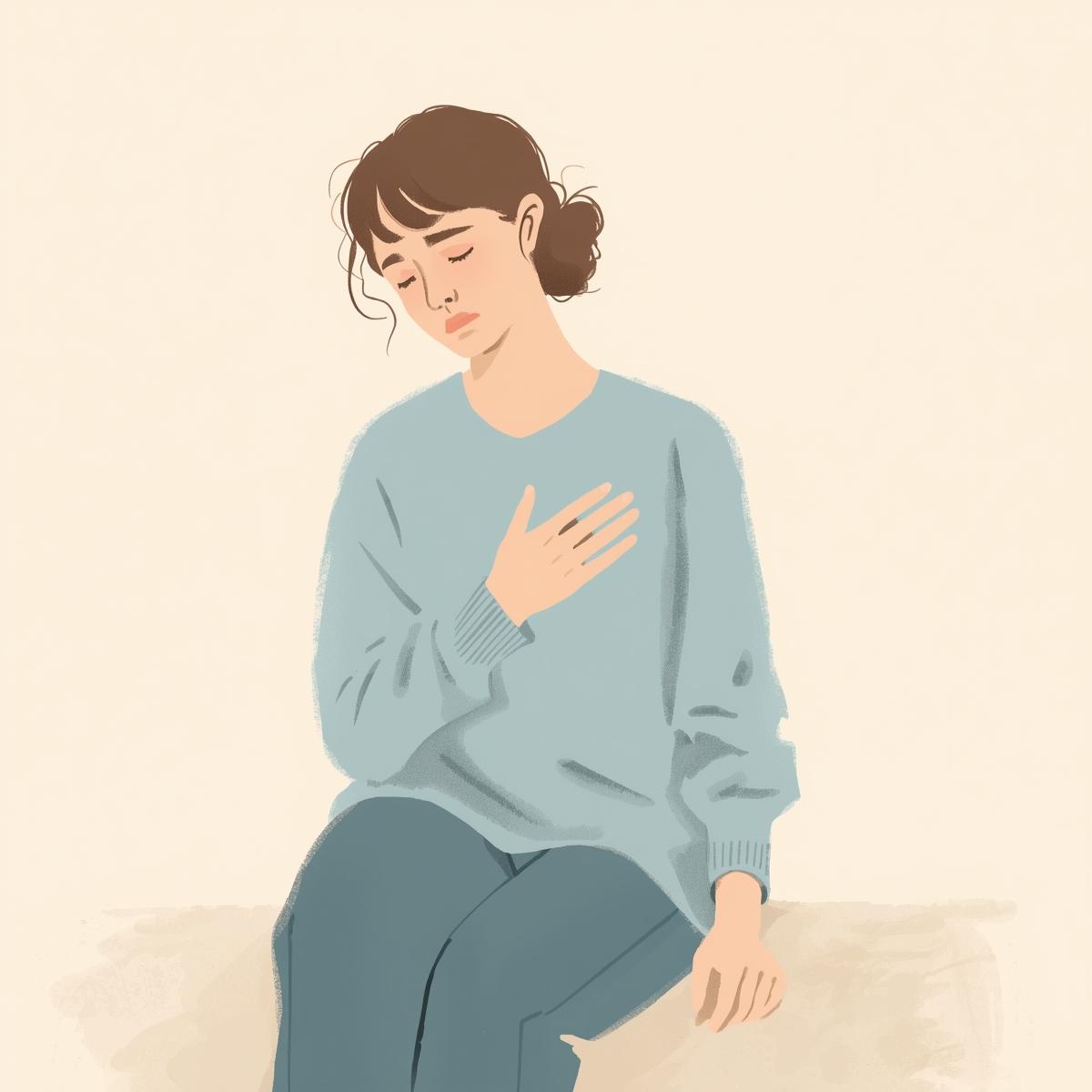 a calm minimal illustration of a person sitting and holding their chest gently, feeling anxious but safe, soft pastel blue and beige tones, clean background, peaceful mood.