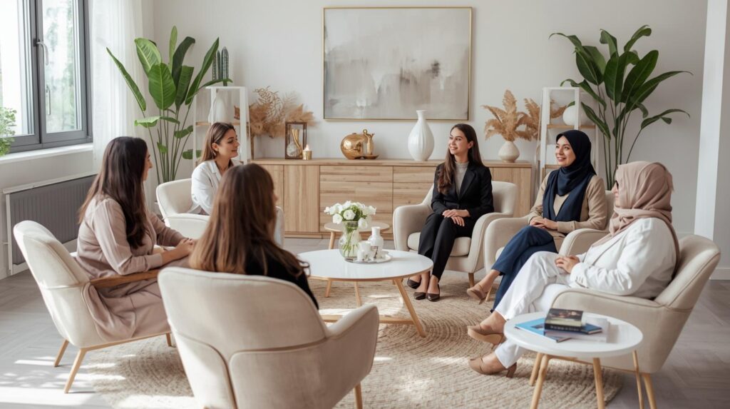“a group of professional persian therapists in a modern counseling center, sitting in a bright, welcoming room with natural light, soft beige and pa
