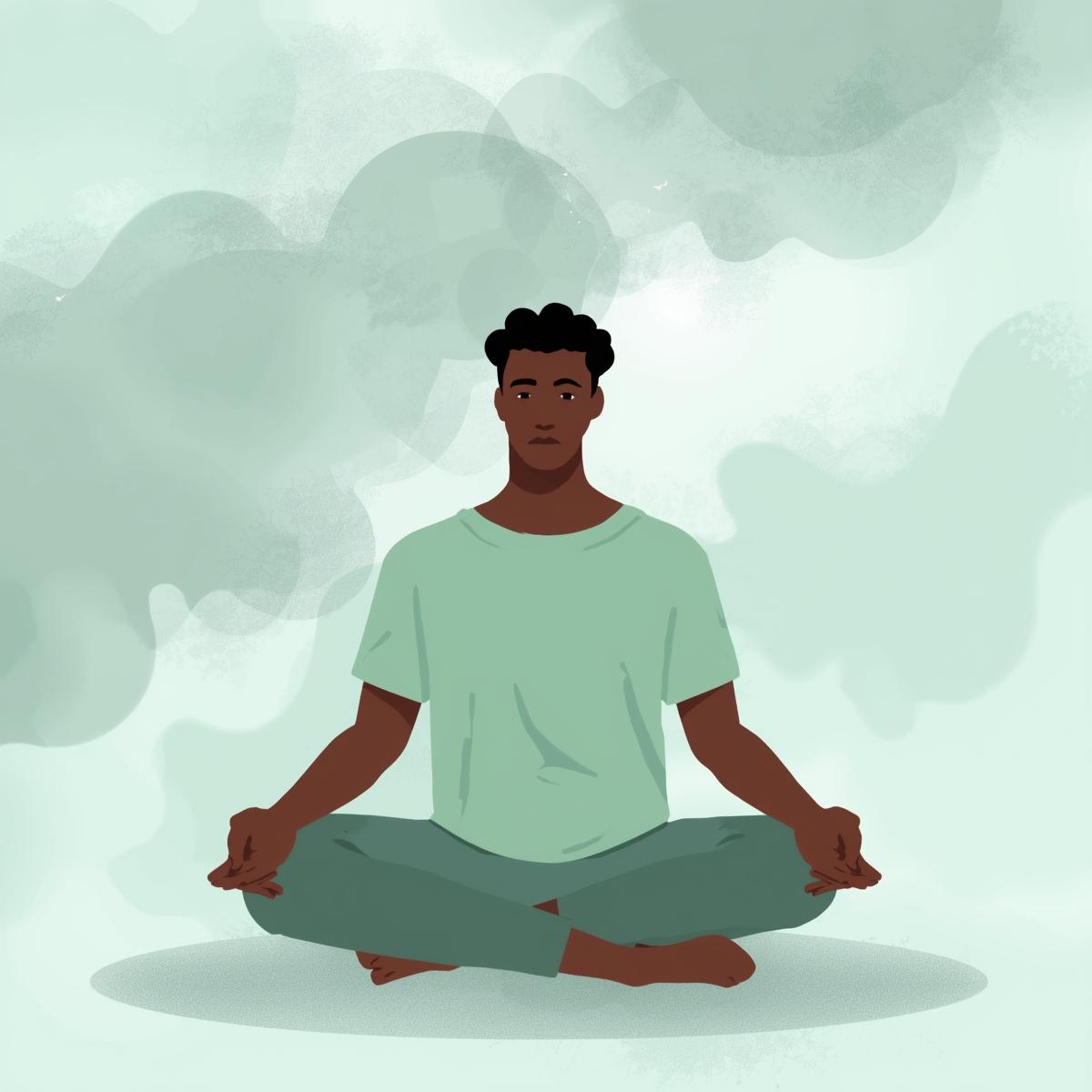calm soft illustration of a person sitting cross legged with floating thoughts or blurry background, symbolizing focus and dizziness, light mint and grey tones.