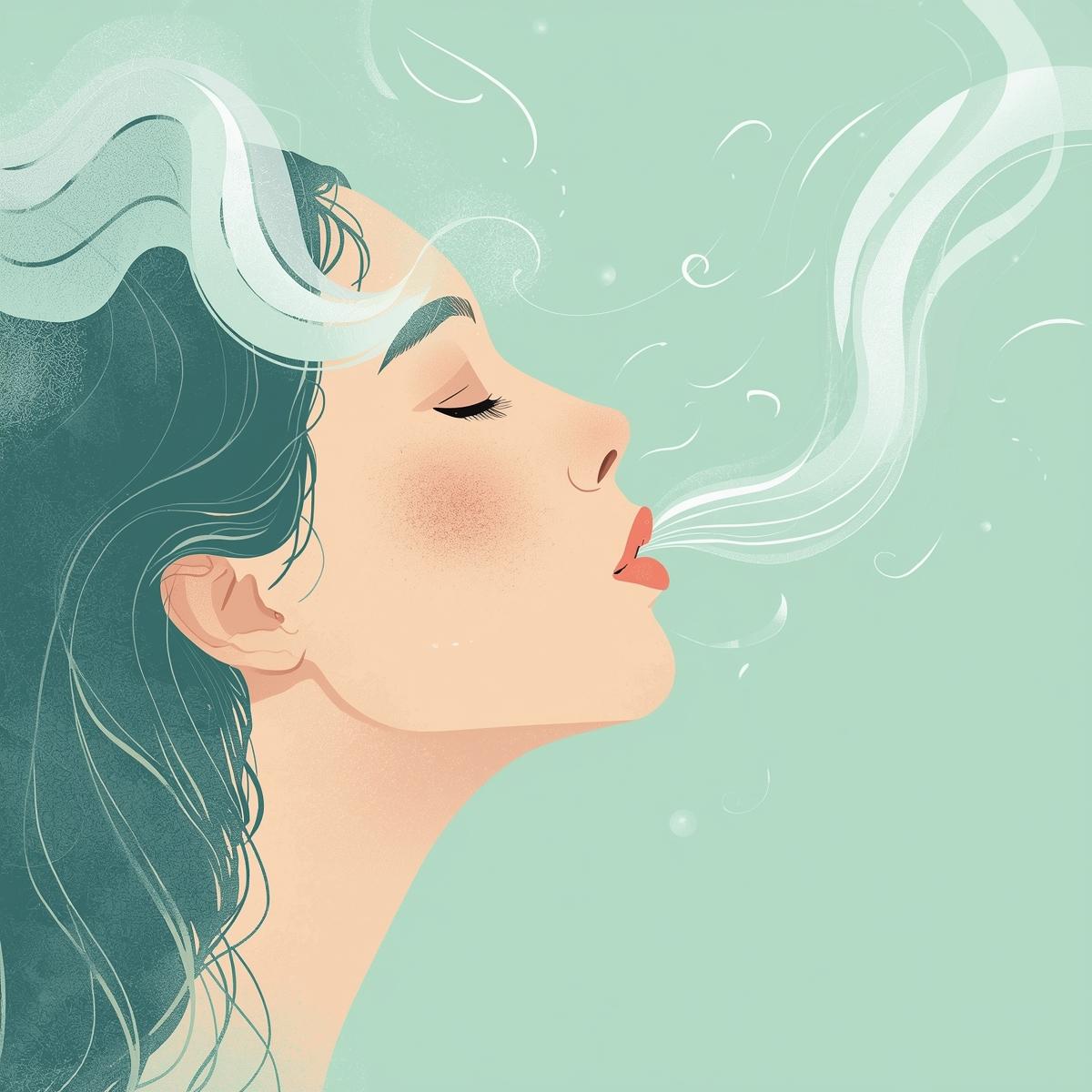 illustration of a person taking a deep breath calmly with gentle airflow around, symbolizing breathing and temperature changes, pastel mint and white colors.
