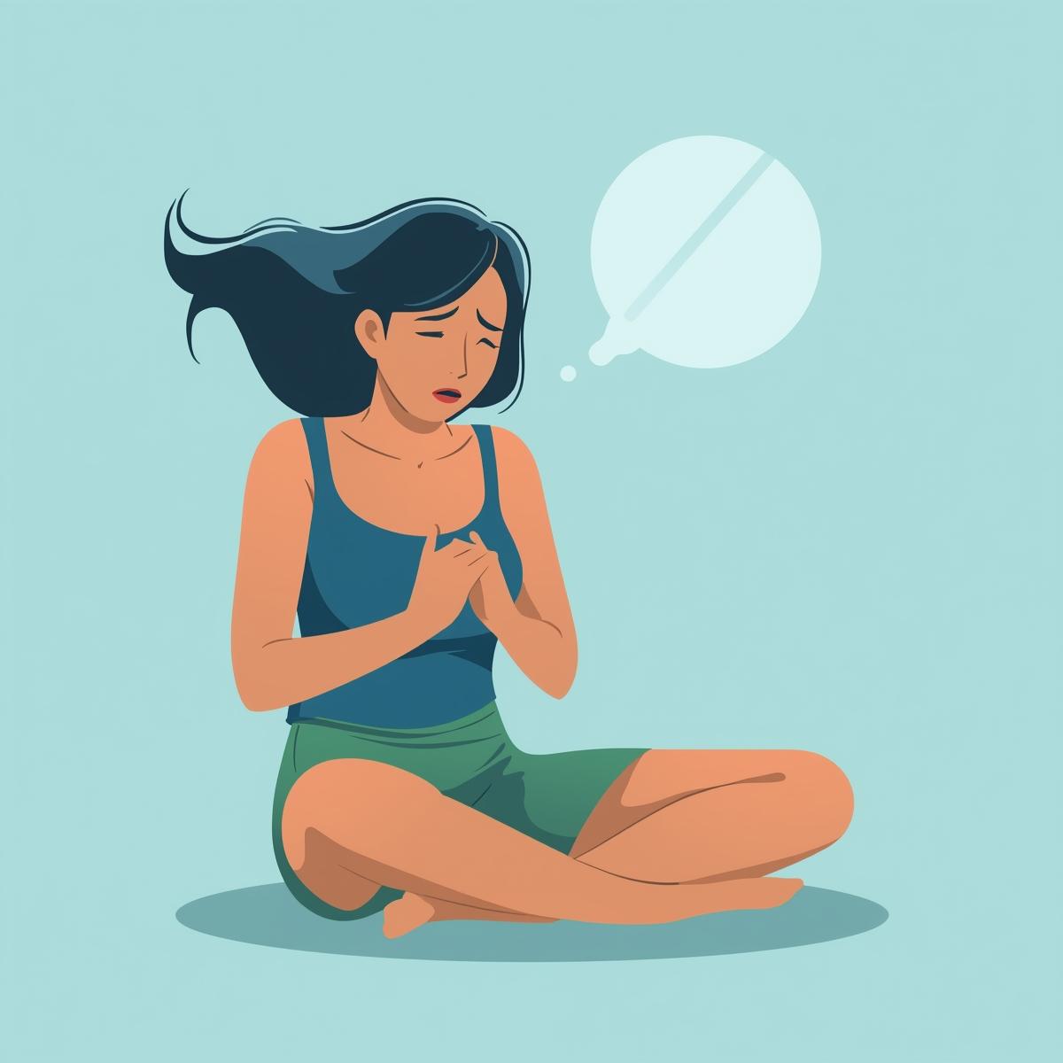 minimal flat illustration of a person sitting and feeling muscle tension or heart pounding, subtle light blue and green colors, soft light, calm environment.