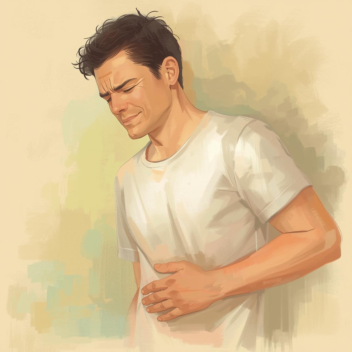 soft pastel illustration of a person holding stomach gently, feeling slight discomfort but calm, warm beige and light green background.